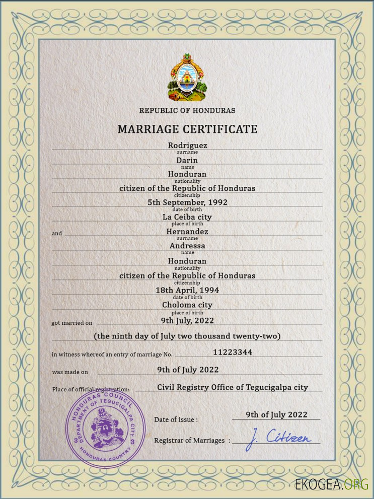 Modèle PSD de certificat de mariage du Honduras